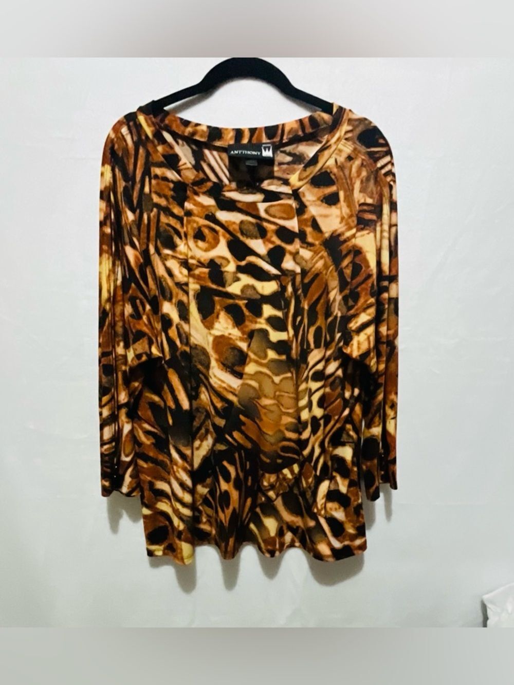 ANTTHONY Abstract Butterfly Animal Print Tunic Top Brown Gold Size L 3/4 Sleeve - Picture 1 of 8